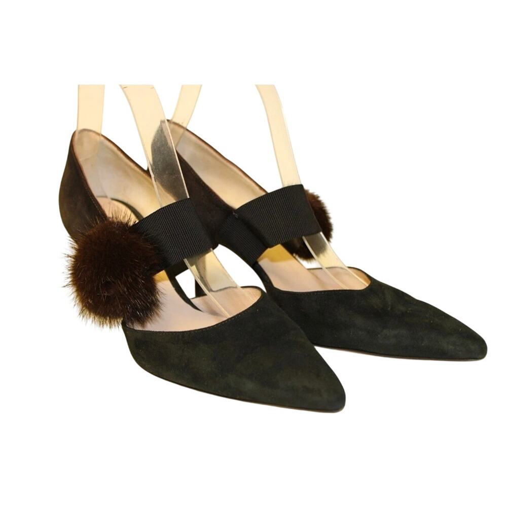 Jet-Set Paris Womens 8 38 Fur Pom Pom Suede Pointed Pumps Shoes Heels - Picture 3 of 16